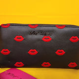 Betsey Johnson Black Red Kiss Lips Embroidered Wallet Wristlet Zip Around
