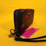 Betsey Johnson Black Red Kiss Lips Embroidered Wallet Wristlet Zip Around