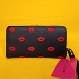 Betsey Johnson Black Red Kiss Lips Embroidered Wallet Wristlet Zip Around