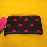 Betsey Johnson Black Red Kiss Lips Embroidered Wallet Wristlet Zip Around