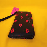 Betsey Johnson Black Red Kiss Lips Embroidered Wallet Wristlet Zip Around