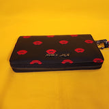 Betsey Johnson Black Red Kiss Lips Embroidered Wallet Wristlet Zip Around