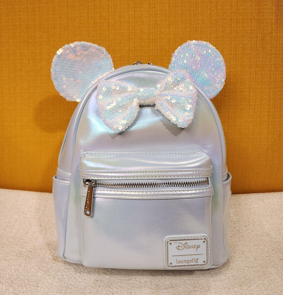 disney holographic sequin minnie mini backpack Minnie Mouse Ears Bow Blue Iridescent Sequin Mini Backpack – Get Lojos Mojo
