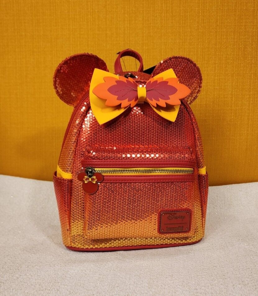 disney fall sequin minnie mouse ombre mini backpack Exclusive - | Officially Licensed | Plastic/Vegan Leather On the front Loungefly Disney Minnie Mouse Fall
