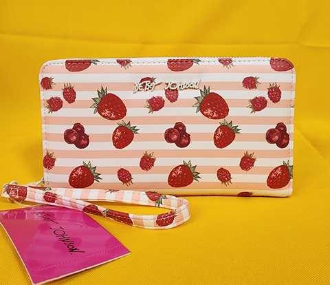 Betsey Johnson Strawberry Fruit Striped Berry Wallet Wristlet Zip Around