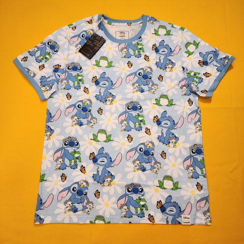 Loungefly Disney Lilo and Stitch Springtime Ducks Frog Daisy T Shirt L Blue