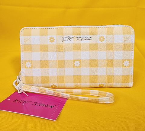 Betsey Johnson Yellow Flower Gingham Spring time Wallet Wristlet Zip Around
