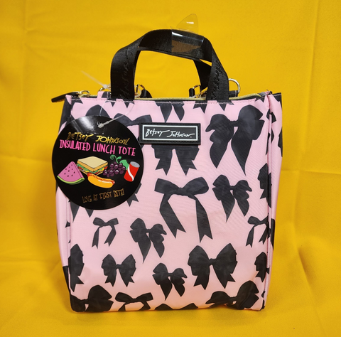 Betsey Johnson Pink Black Ribbon Bow Zip Top Insulated Lunch Tote Lunch Bag NEW