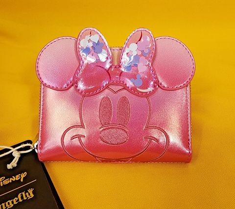 Disney Minnie Mouse Pink Iridecent Ears Bow Confetti Zip Wallet