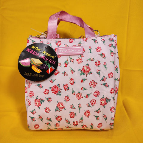 Betsey Johnson Pink Rose Print Zip Top Insulated Lunch Tote Lunch Bag