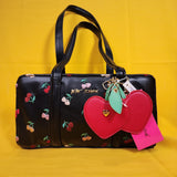 Betsey Johnson Black Cherry Embroidered Hearts Satchel Handbag with Cherry Charm