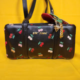Betsey Johnson Black Cherry Embroidered Hearts Satchel Handbag with Cherry Charm