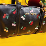 Betsey Johnson Black Cherry Embroidered Hearts Satchel Handbag with Cherry Charm