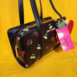 Betsey Johnson Black Cherry Embroidered Hearts Satchel Handbag with Cherry Charm