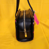 Betsey Johnson Black Cherry Embroidered Hearts Satchel Handbag with Cherry Charm