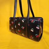 Betsey Johnson Black Cherry Embroidered Hearts Satchel Handbag with Cherry Charm