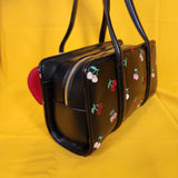 Betsey Johnson Black Cherry Embroidered Hearts Satchel Handbag with Cherry Charm