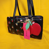 Betsey Johnson Black Cherry Embroidered Hearts Satchel Handbag with Cherry Charm
