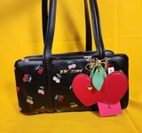 Betsey Johnson Black Cherry Embroidered Hearts Satchel Handbag with Cherry Charm