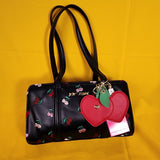 Betsey Johnson Black Cherry Embroidered Hearts Satchel Handbag with Cherry Charm