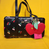 Betsey Johnson Black Cherry Embroidered Hearts Satchel Handbag with Cherry Charm