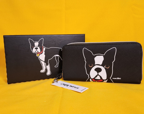 Marc Tetro Boston Terrier Dog Puppy Large Black Zip Around Wallet