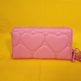 Betsey Johnson Pink Quilted Heart Love Wallet Wristlet Zip Around
