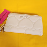 Betsey Johnson White Quilted Heart Love Wallet Wristlet Zip Around