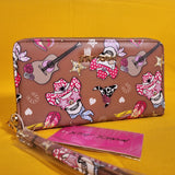 Betsey Johnson Skull Cowboy Western Music Brown Wallet Wristlet Zip Around