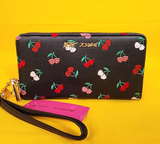 Betsey Johnson Black Pink Red Cherry Embroidered Wallet Wristlet Zip Around