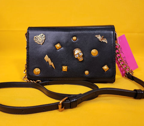 Betsey Johnson Black Gold Skull Bat Halloween Crossbody Bag Clutch Wallet