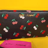 Betsey Johnson Black Pink Red Cherry Embroidered Wallet Wristlet Zip Around