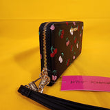 Betsey Johnson Black Pink Red Cherry Embroidered Wallet Wristlet Zip Around
