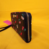 Betsey Johnson Black Pink Red Cherry Embroidered Wallet Wristlet Zip Around